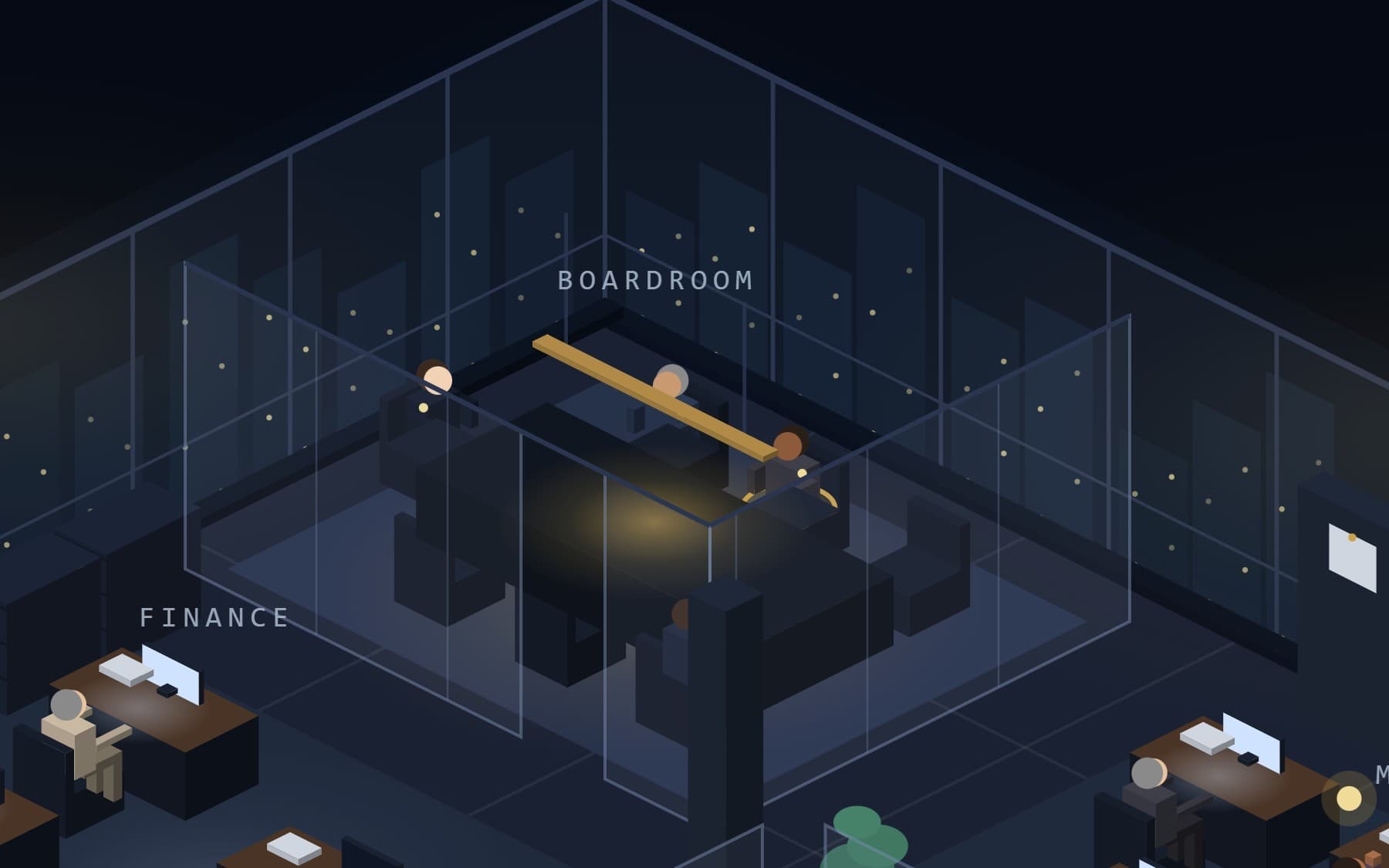 An illustration of the Boardroom mid-debate: the heads of department around a long table inside the glass-walled office.