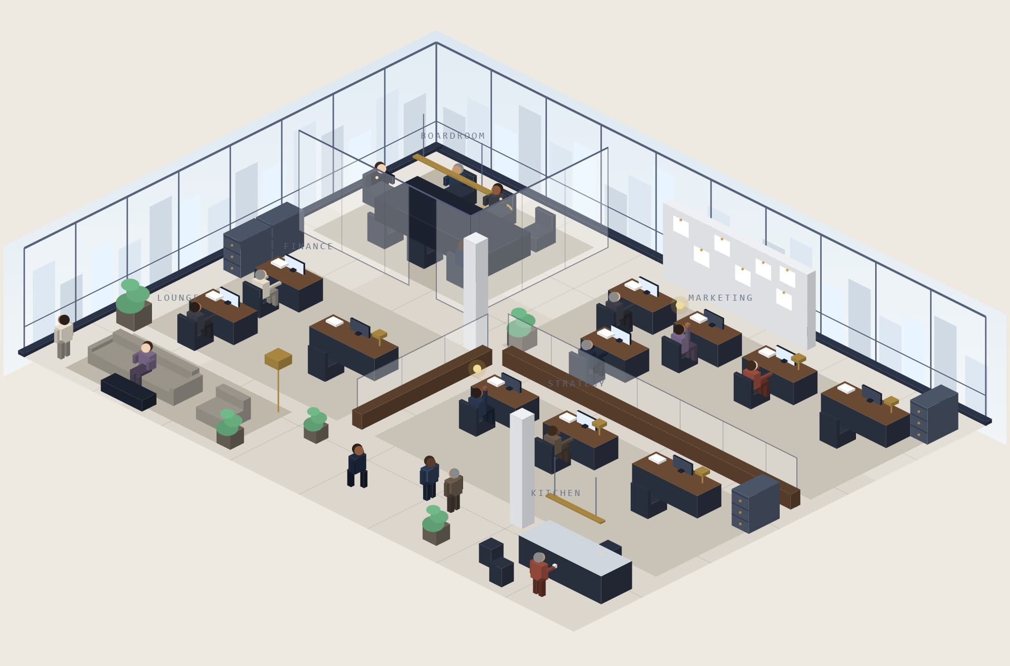 An illustration of the Cerno Virtual Office: a glass-walled isometric floor with desks, a lounge and a kitchen, and a Boardroom, with AI staff at work.